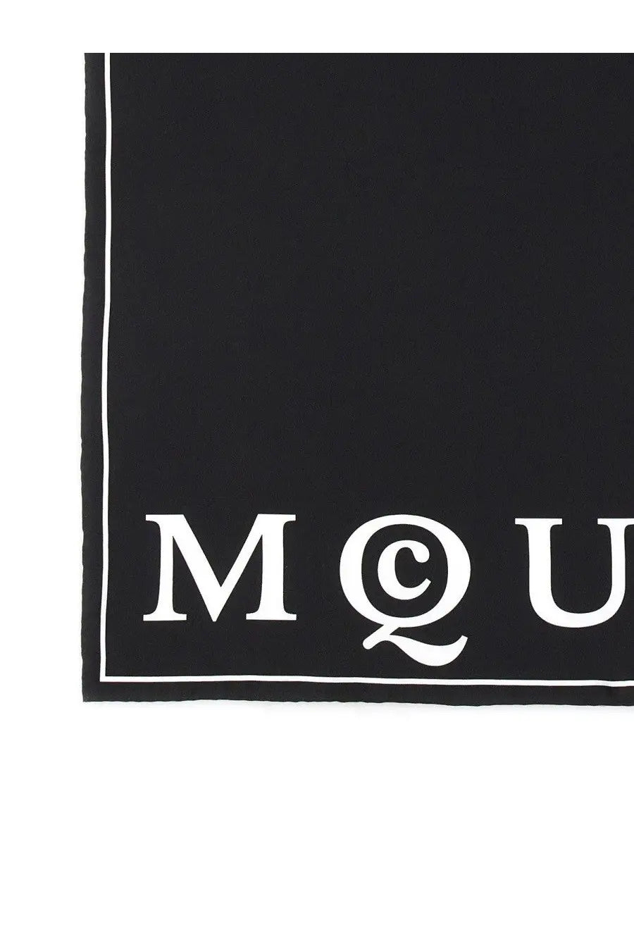 Alexander McQueen women’s black silk scarf with bold white mau logo and matching border