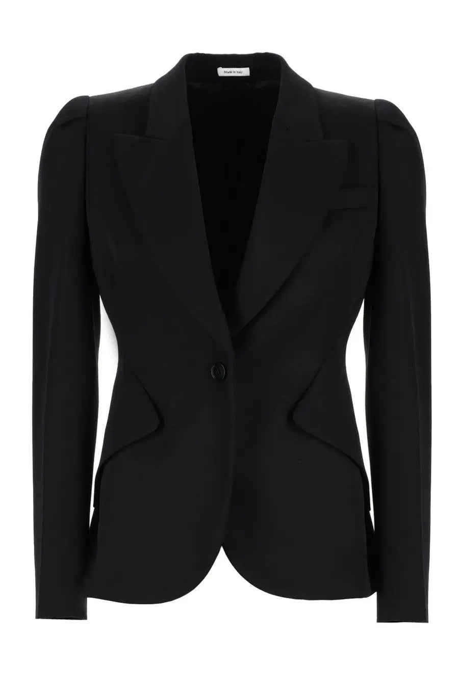 Alexander McQueen women’s black structured blazer with single button closure and subtle side seam detailing