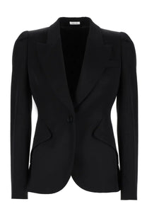 Alexander McQueen women’s black structured blazer with single button closure and subtle side seam detailing
