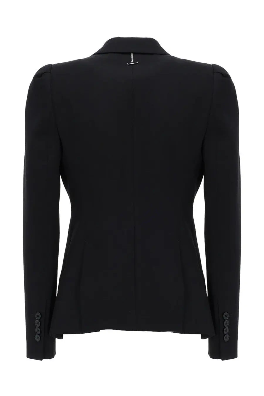 Alexander mcqueen women’s black tailored blazer with structured shoulders and subtle back vent shown from the back side
