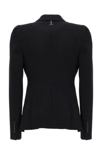 Alexander mcqueen women’s black tailored blazer with structured shoulders and subtle back vent shown from the back side