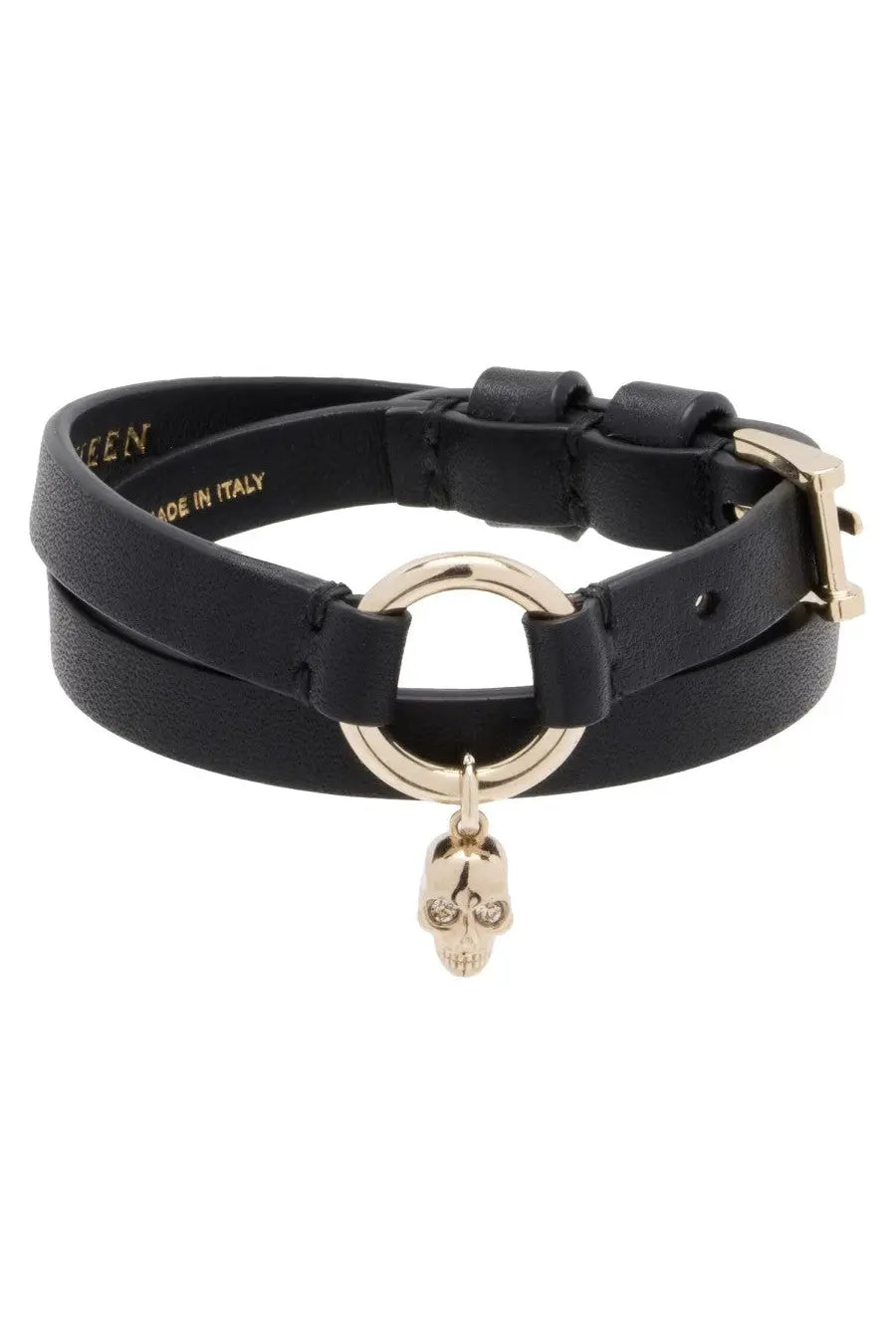 Alexander mcqueen women’s black leather double-wrap bracelet with gold-tone ring and dangling skull charm