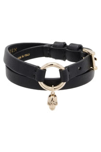 Alexander mcqueen women’s black leather double-wrap bracelet with gold-tone ring and dangling skull charm