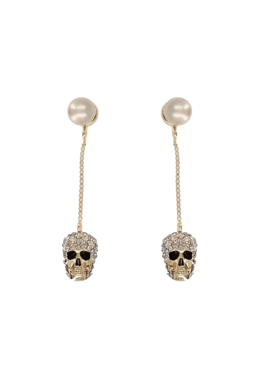 Alexander McQueen women’s gold skull dangle earrings with sparkling crystals and pearl accents