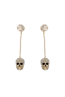 Alexander McQueen women’s gold skull dangle earrings with sparkling crystals and pearl accents