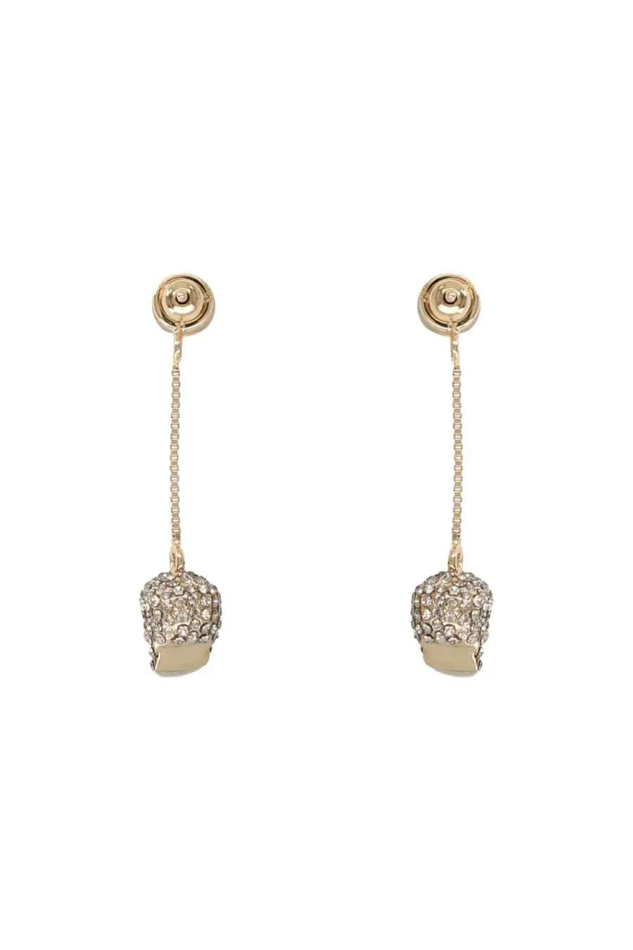 Alexander McQueen women’s gold skull dangle earrings adorned with sparkling crystals in gold tone metal