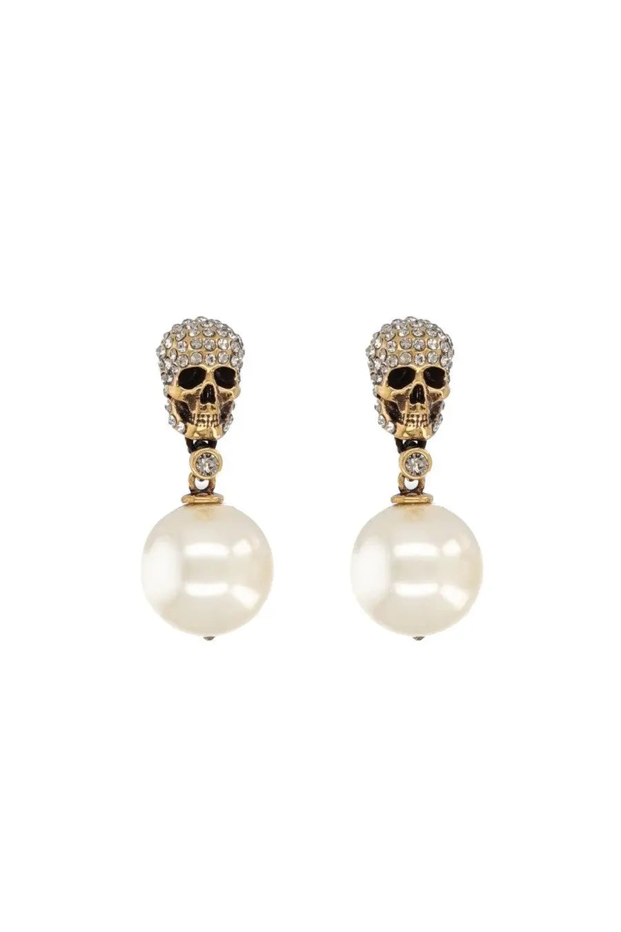 Alexander McQueen women’s gold-toned skull earrings with sparkling crystals and cream-colored pearl dangles