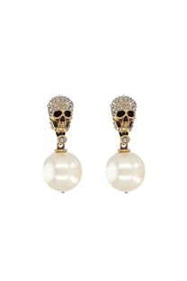Alexander McQueen women’s gold-toned skull earrings with sparkling crystals and cream-colored pearl dangles