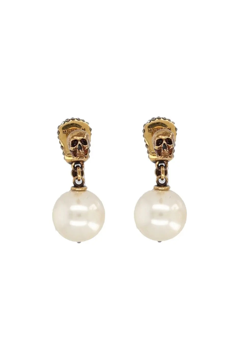 Alexander McQueen women’s multicolor skull earrings in gold tone with dangling white pearl detail