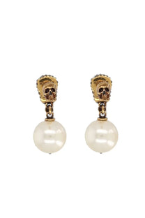 Alexander McQueen women’s multicolor skull earrings in gold tone with dangling white pearl detail