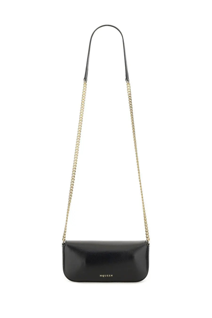 Alexander McQueen small black leather crossbody bag with gold-tone chain strap and mcqueen branding