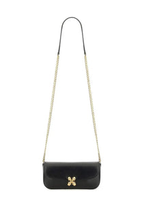 Alexander McQueen women’s small black leather crossbody bag with gold-tone chain strap and four-leaf clover clasp