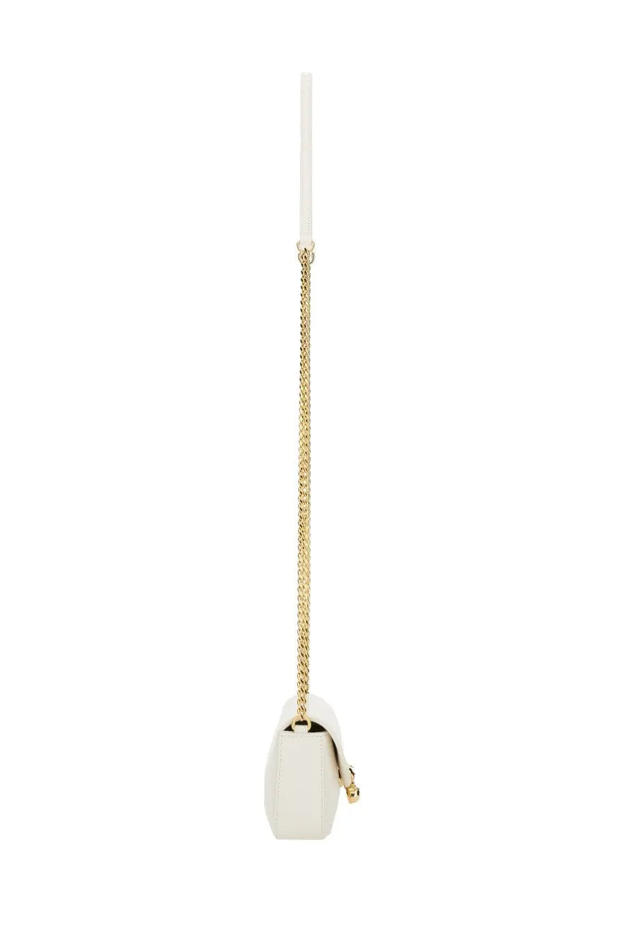 Alexander McQueen women’s small white leather crossbody bag with skull flower detail and gold-tone chain strap