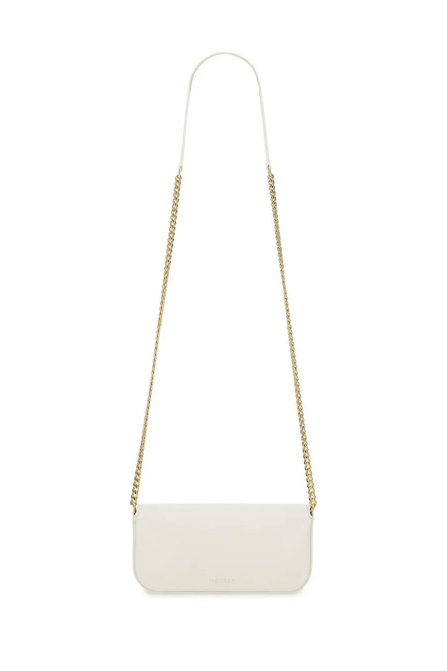 Alexander McQueen women’s small white leather crossbody bag with gold-tone chain strap and skull flower detail