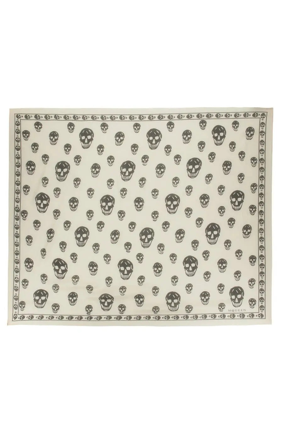 Alexander McQueen women’s white silk scarf with black skull patterns on border and center