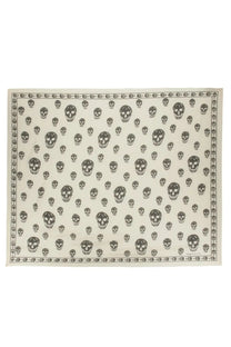 Alexander McQueen women’s white silk scarf with black skull patterns on border and center