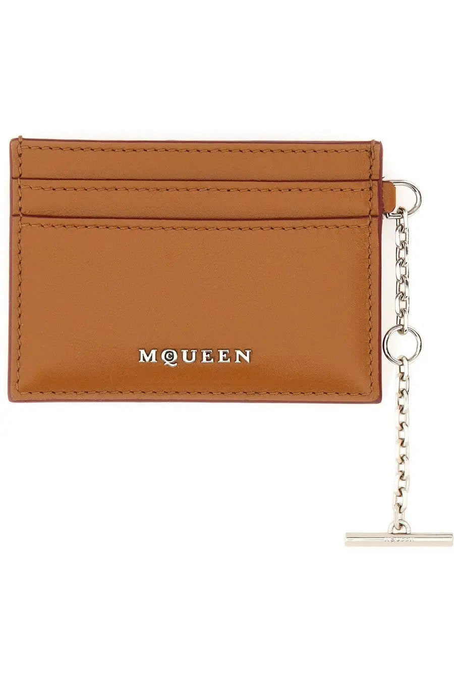Alexander McQueen women’s sling card holder in beige tan leather with silver chain t-bar clasp and mqueen logo embossed