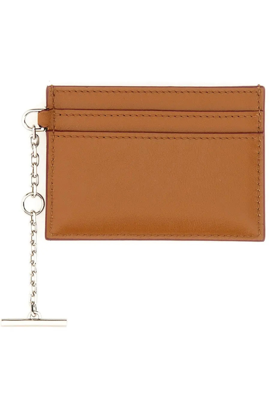 Alexander McQueen women’s sling card holder in beige tan leather with silver chain and t-bar clasp front view