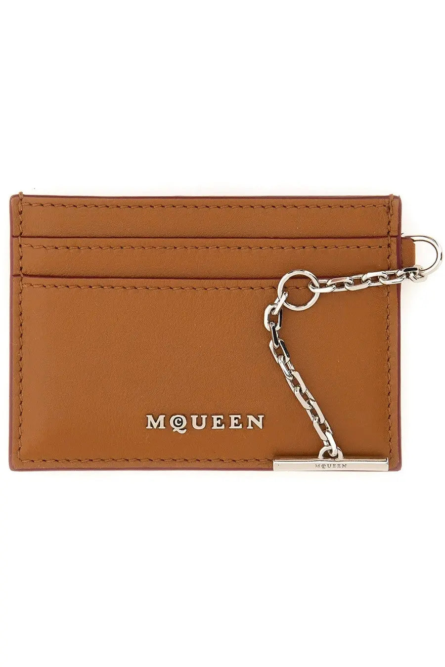 Tan leather alexander mcqueen women’s sling card holder with silver chain and mcqueen branding