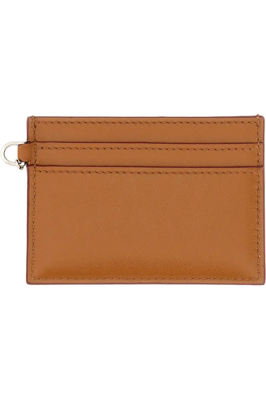 Alexander McQueen women’s sling card holder in tan leather with stitched edges and silver metal ring detail