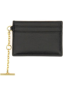 Alexander McQueen women’s black leather card holder with gold-tone chain and t-bar clasp
