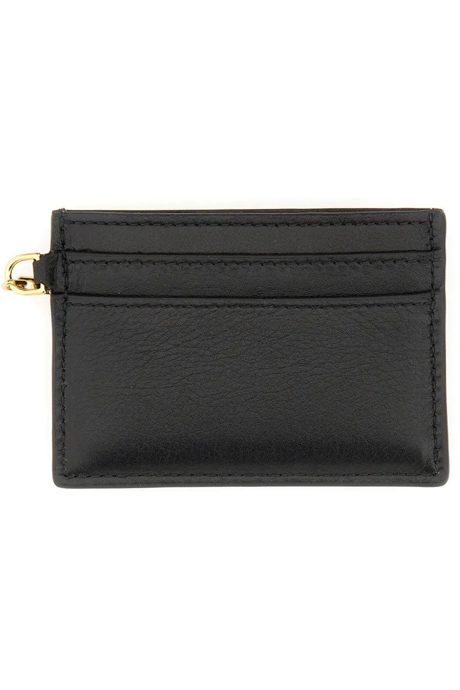 Alexander McQueen women’s sling black leather card holder with gold-tone metal clasp for secure storage