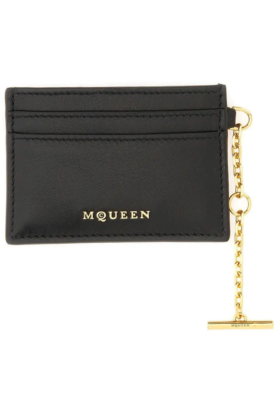 Alexander McQueen women’s black leather sling card holder with gold-tone metal chain, t-bar clasp, and embossed branding