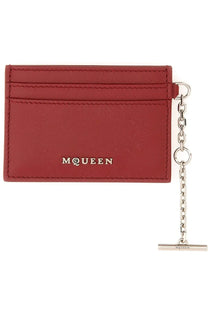 Alexander McQueen women’s red leather sling card holder with silver chain t-bar clasp and gold embossed logo