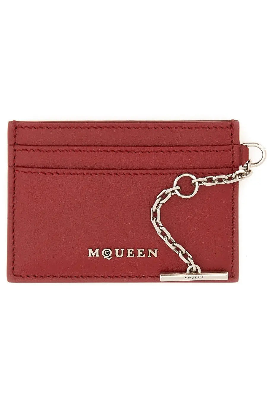 Alexander McQueen women’s red leather sling card holder with silver chain and mcqueen branding