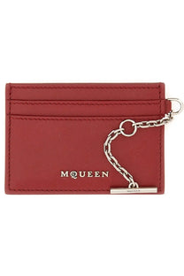 Alexander McQueen women’s red leather sling card holder with silver chain and mcqueen branding