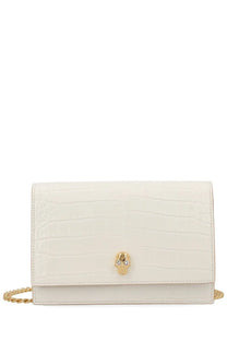 Alexander mcqueen womens small white crocodile-embossed leather clutch with gold-tone skull clasp and chain strap