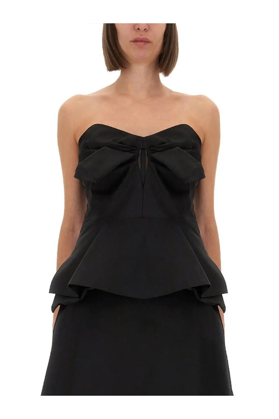 Alexander McQueen women’s black strapless corset top with peplum and large bow detail at the bust