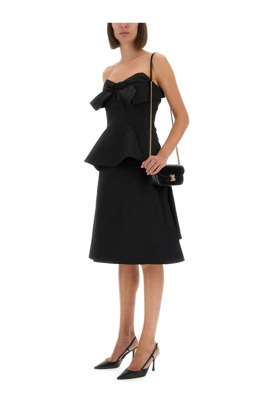 Alexander McQueen women’s black strapless corset top peplum dress with bow bust and ruffled hemline