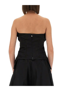 Alexander McQueen women’s black strapless corset top with structured bodice and flared skirt in luxe fabric