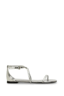Alexander McQueen women’s strappy sandal silver metallic flat with minimalist design and black rubber sole