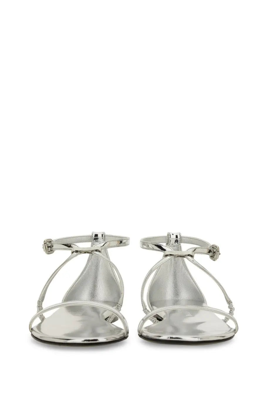Alexander McQueen women’s silver metallic strappy sandals with minimalist design and thin ankle straps
