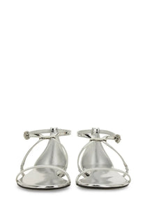 Alexander McQueen women’s silver metallic strappy sandals with minimalist design and thin ankle straps