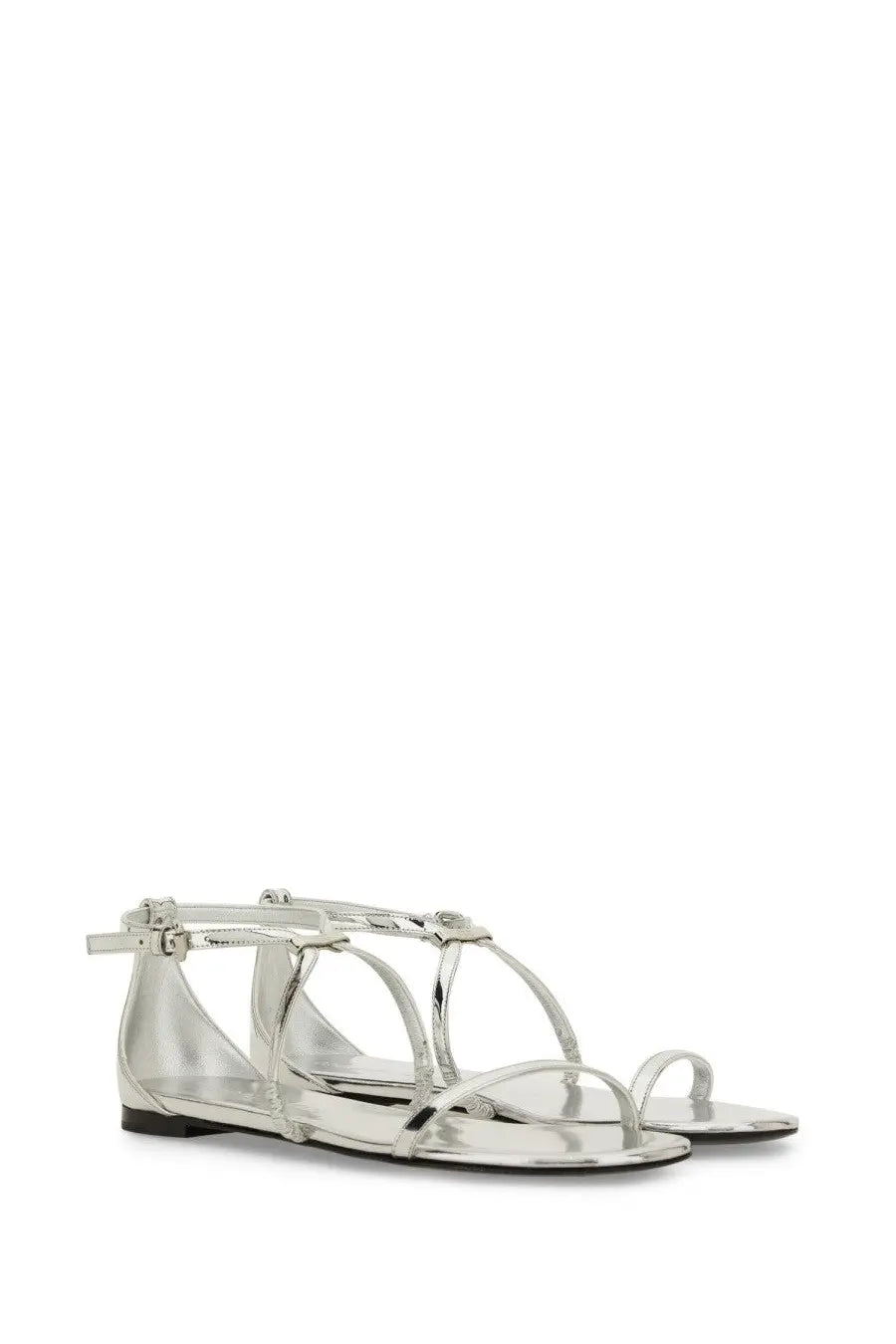 Alexander McQueen women’s silver metallic strappy sandals with minimalist design and black rubber soles