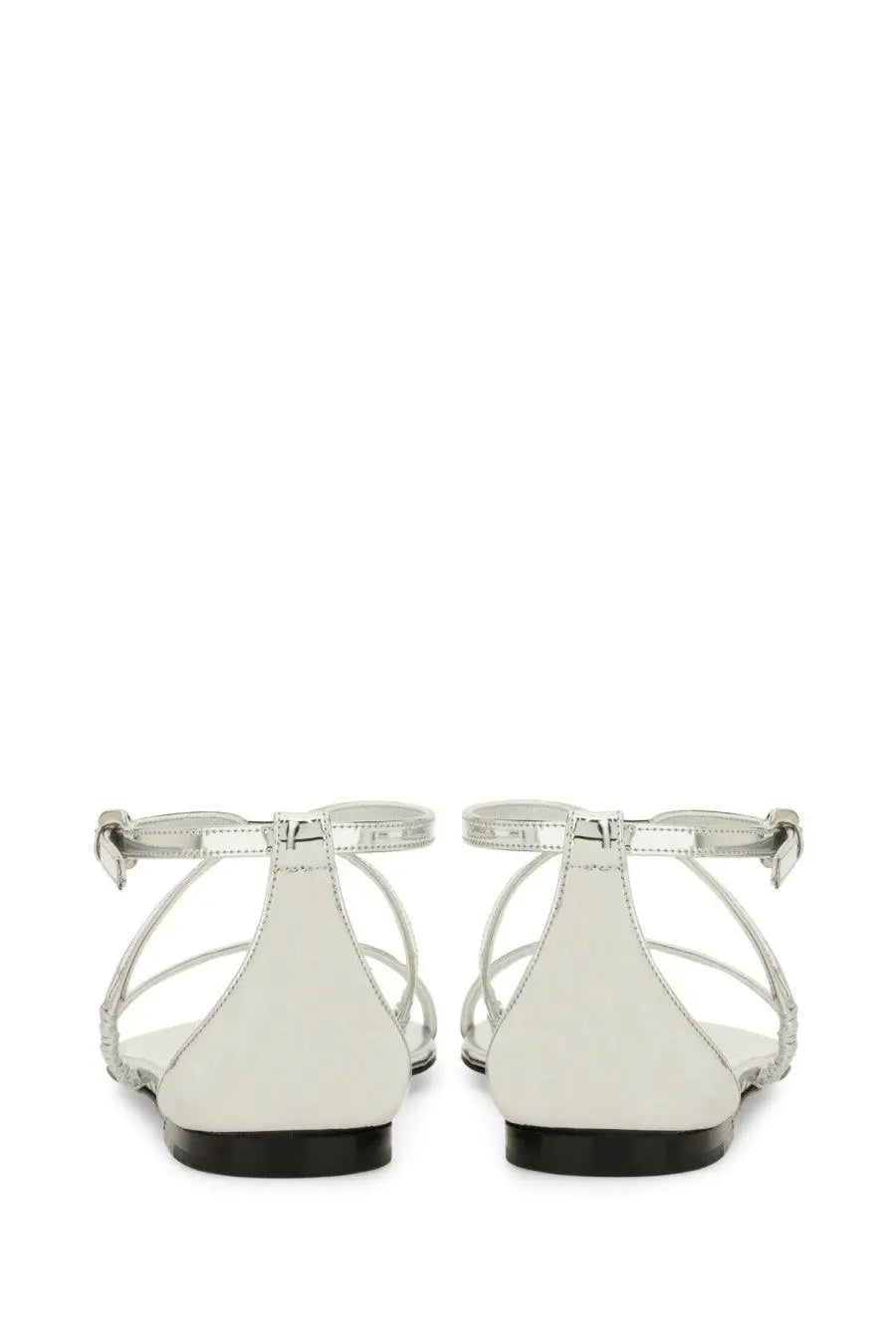 Alexander McQueen women’s strappy sandal silver minimalist t-strap with white leather upper and black rubber sole