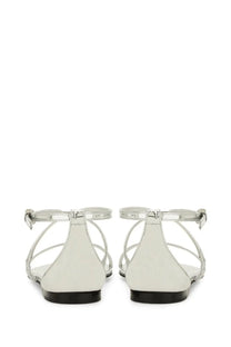 Alexander McQueen women’s strappy sandal silver minimalist t-strap with white leather upper and black rubber sole
