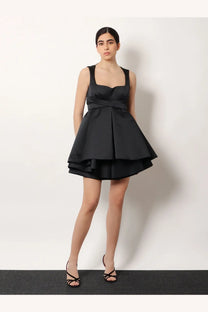 Alexander mcqueen women’s black satin mini dress with square neckline and tiered skirt in taffeta fabric