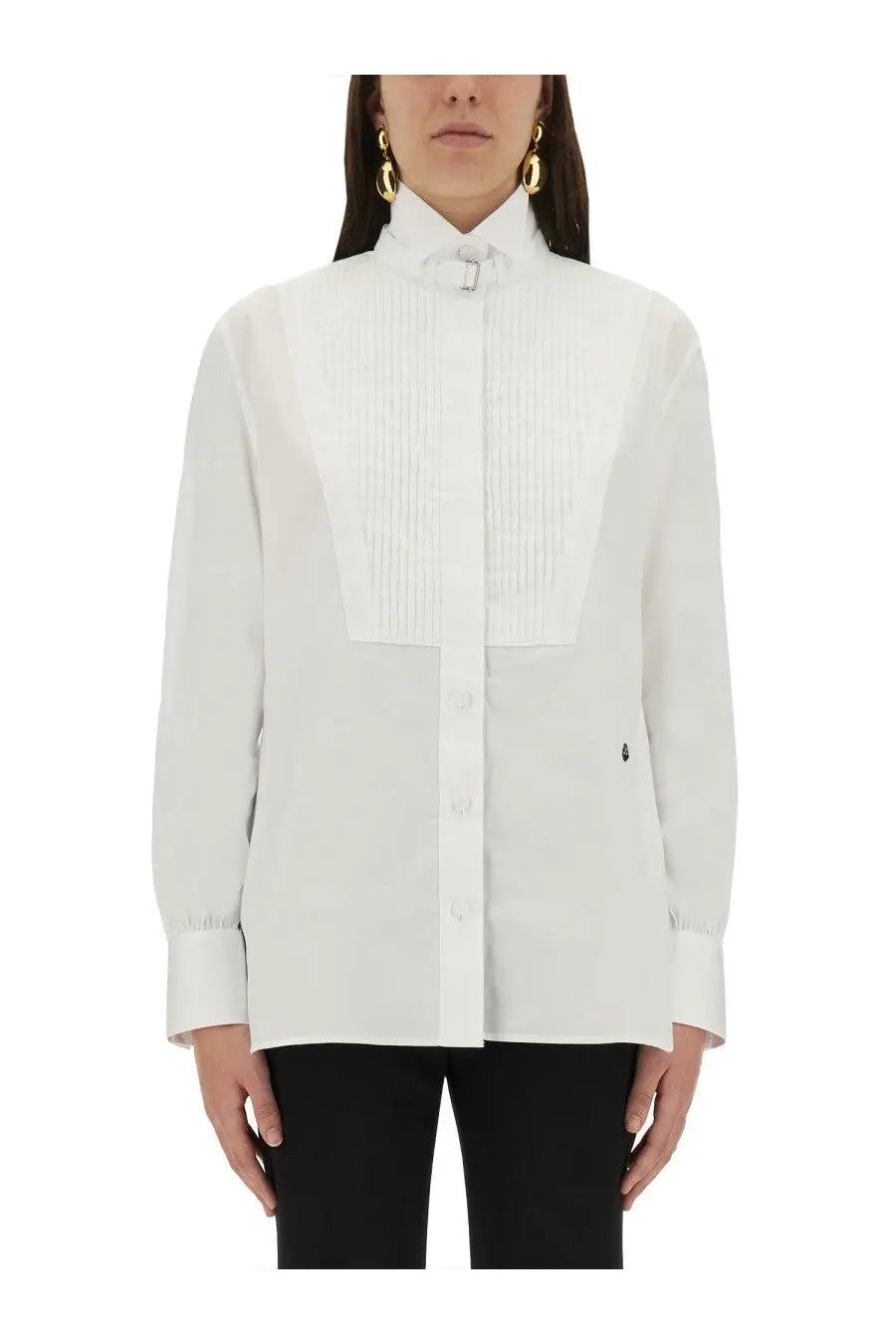 Alexander McQueen women’s white tuxedo shirt with pleated front panel and button-down design in cotton blend