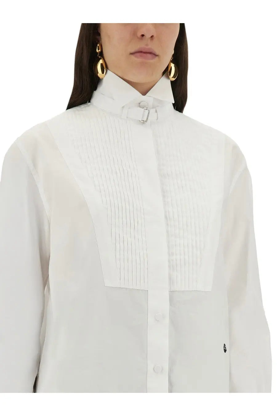Alexander McQueen women’s white tuxedo shirt with pleated front panels and silver-toned buckle collar detail