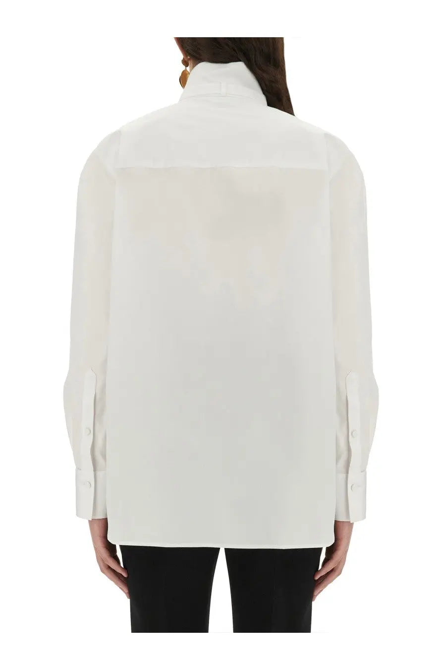 Alexander McQueen women’s tuxedo shirt white with long sleeves structured collar and subtle shoulder pleats