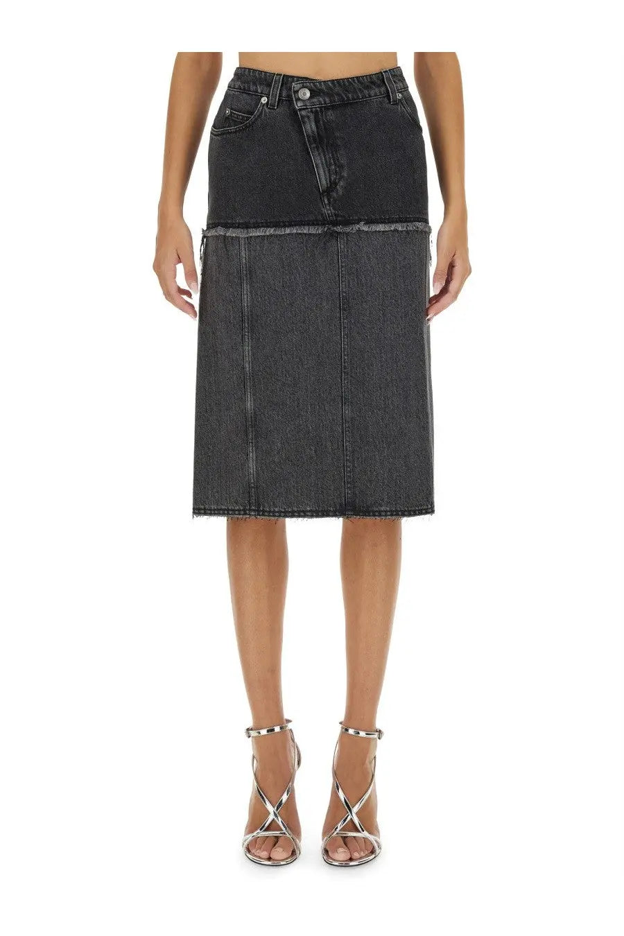 Alexander McQueen women’s black two tone denim skirt with raw hem and contrasting stitching in dark gray