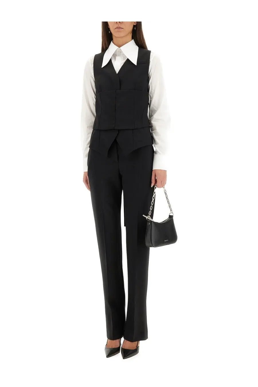 Black leather mini bag with silver chain strap shown with Alexander McQueen women’s vest corset black