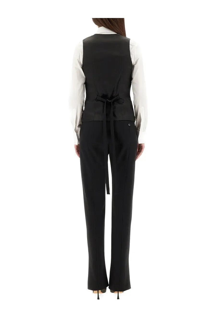 Alexander mcqueen women’s black satin vest corset with tied waistband for elegant layering and styling