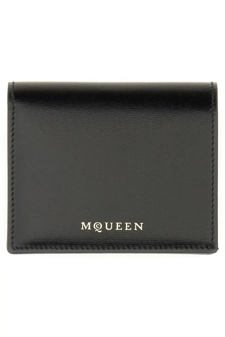 Alexander McQueen women’s wallet black leather card case with silver m@queen logo embossed at the bottom