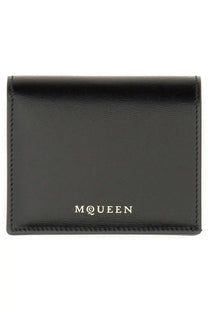 Alexander McQueen women’s wallet black leather card case with silver m@queen logo embossed at the bottom
