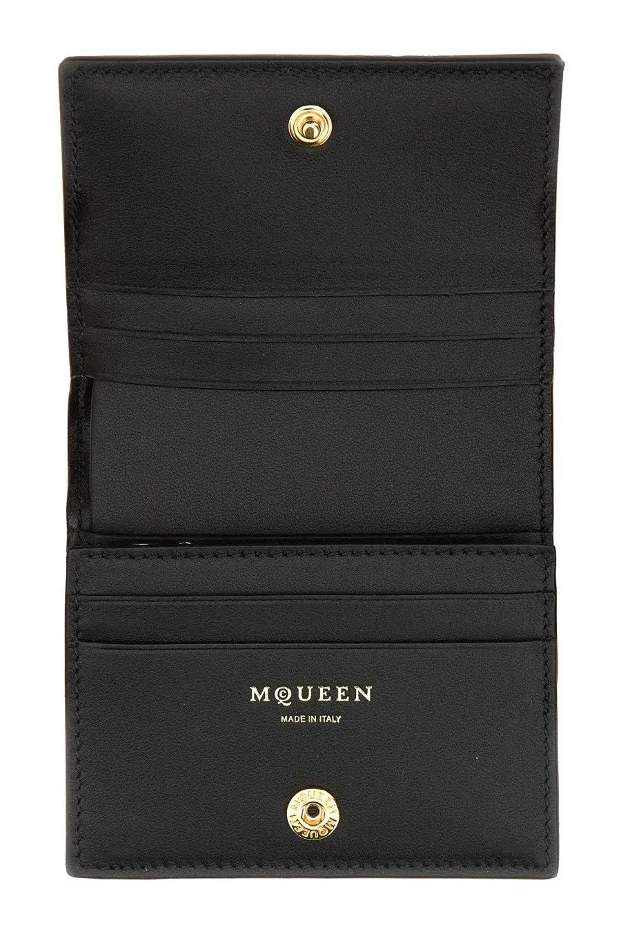 Alexander mcqueen women’s black leather wallet with gold-tone snap buttons and silver embossed logo made in italy